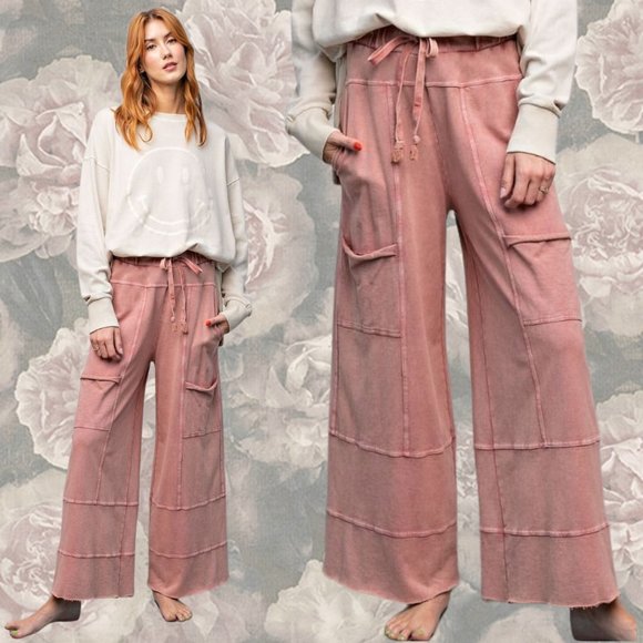 EASEL "Perfect Cargo" Terry Knit Mineral Washed Flared Leg Pants Raw Hem & Seams - Picture 13 of 14